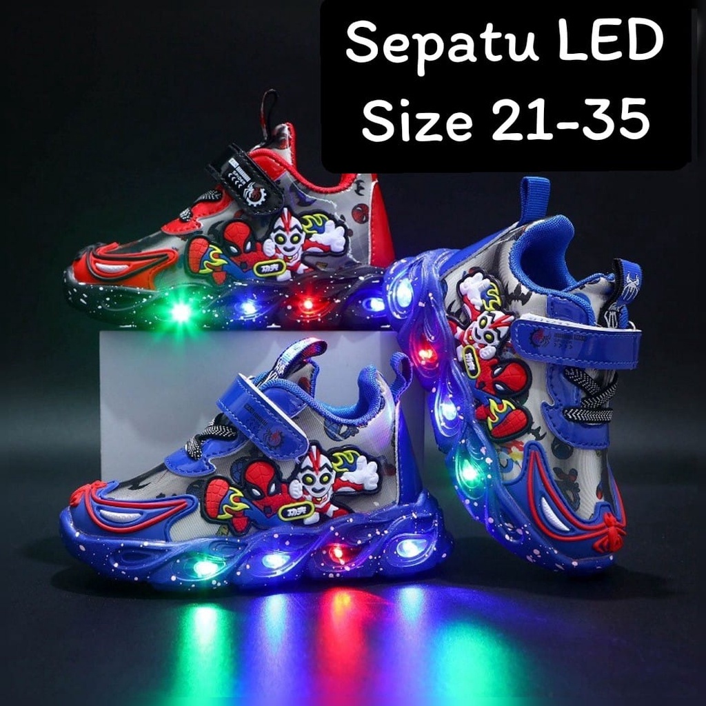 Sepatu Sneakers Spiderman Ultraman LED Anak Laki-Laki umur 1 2 3 4 5 6 7 8 9 10 Tahun Keren Nyala/ S