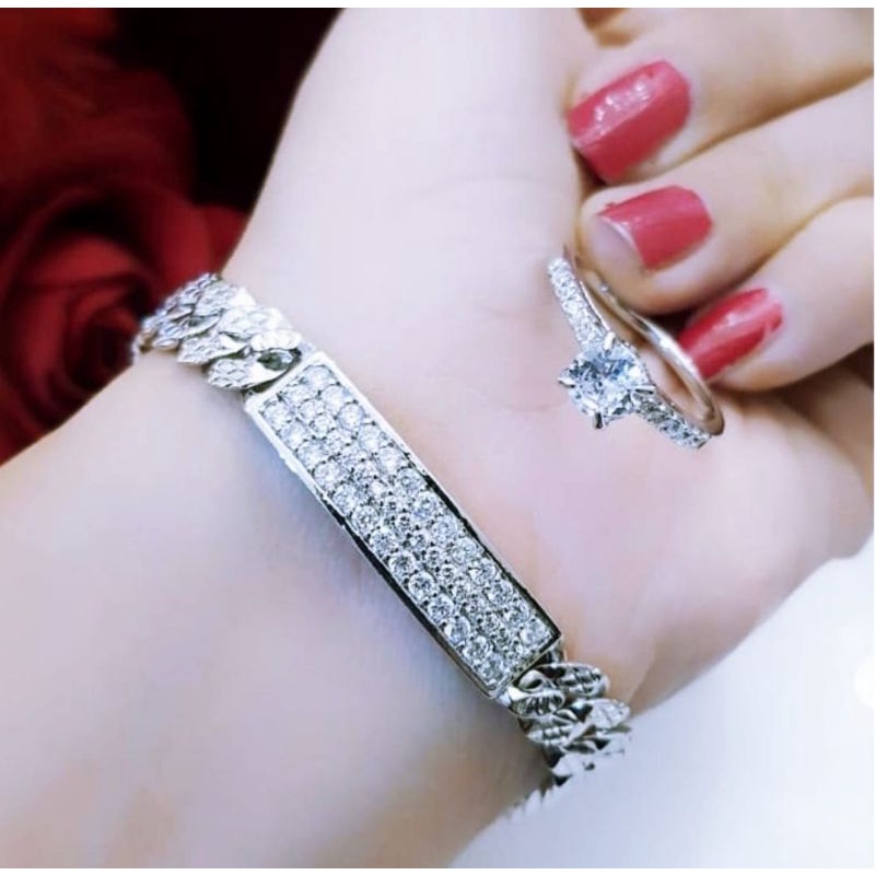 Set Gelang Free Cincin Gelang Tangan Plat Silver Bonus Cincin Permata Putih