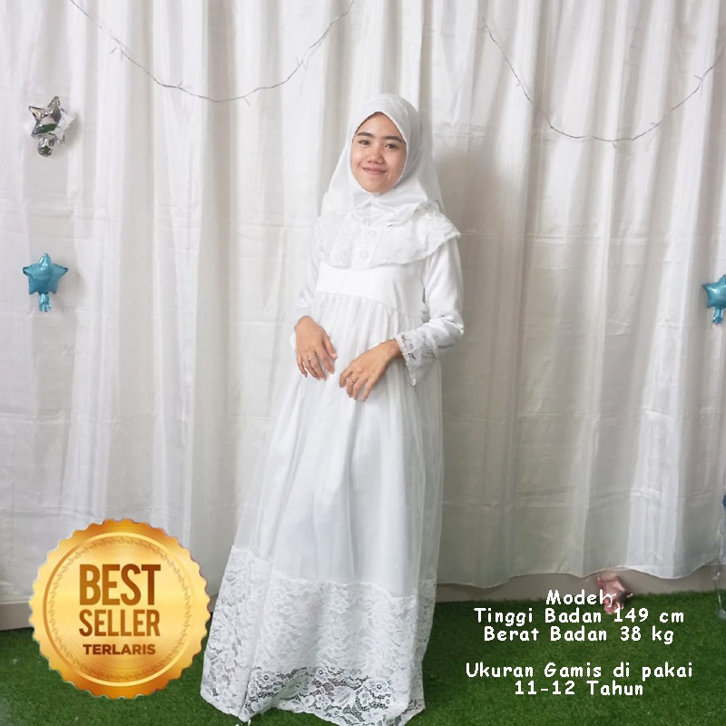 Baju Lebaran Anak Perempuan 2023 Warna Putih 10 12 tahun Set Hijab Bahan Adem Gamis Anak Perempuan Tanggung KA130