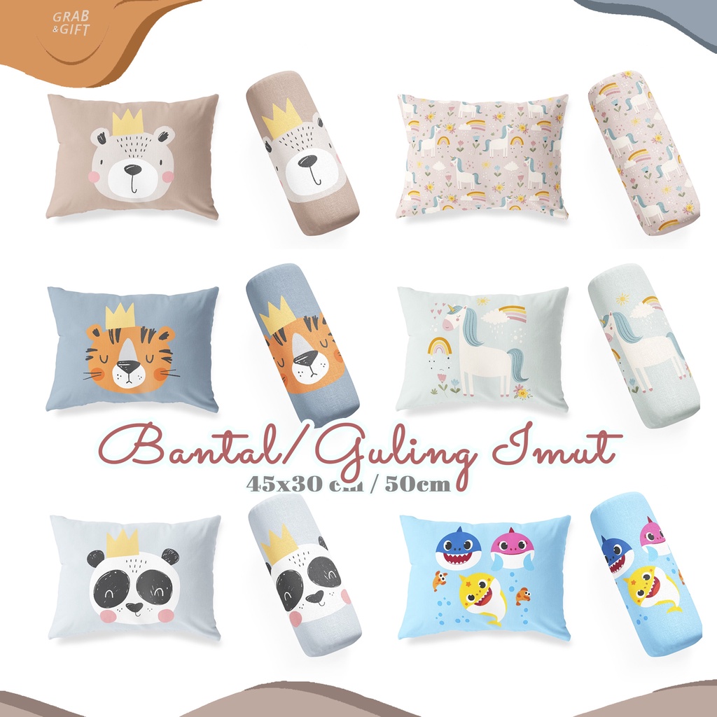 Bantal / Guling Imut Anak Baby Print Motif 45x30cm dan 50cm Animal Unicorn Panda Tiger Bear Shark Grabandgift