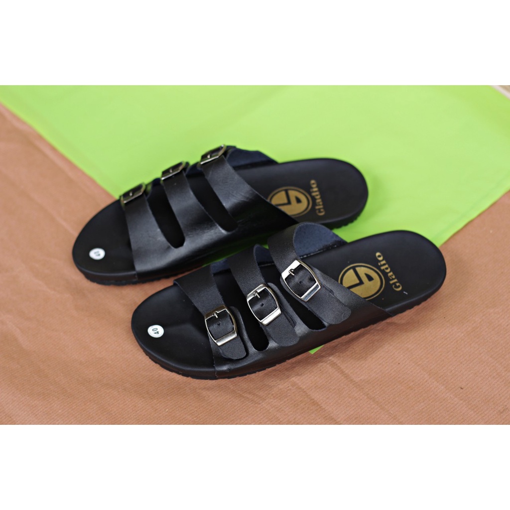 Fatimahshoes Sandal Slide kulit Kasual Santai Fashion Pria Full Black