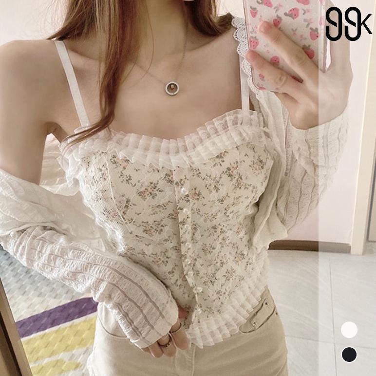 TERBAIK Korean Lace Pearl Floral Tank Top Atasan Wanita All Size 2489