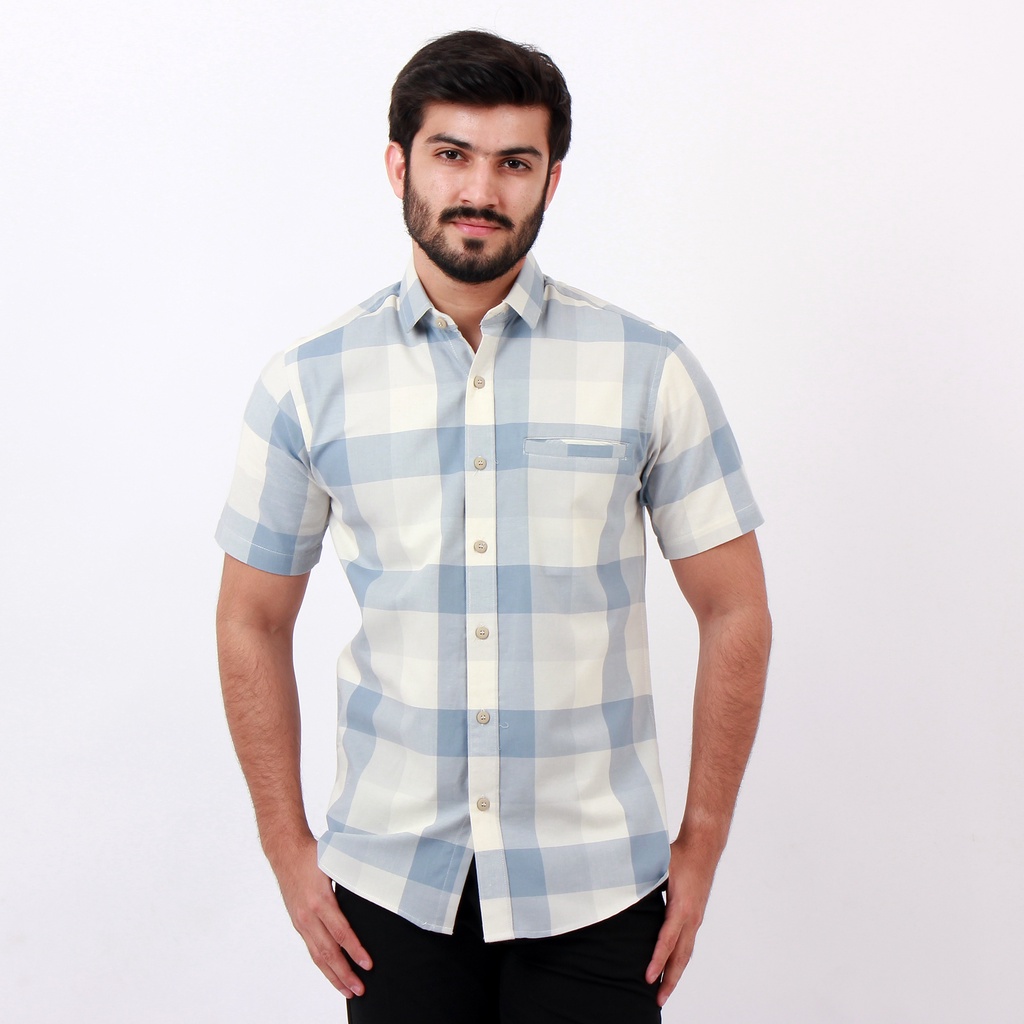 Simple Perfect Kemeja Pria Lengan Pendek Exclusive Premium Motif Kotak 2267 Light Blue