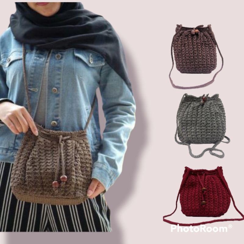 Tas Rajut Wanita Selempang Bahan Nilon / Tas Rajut HP / Tas Rajut Selempang Wanita