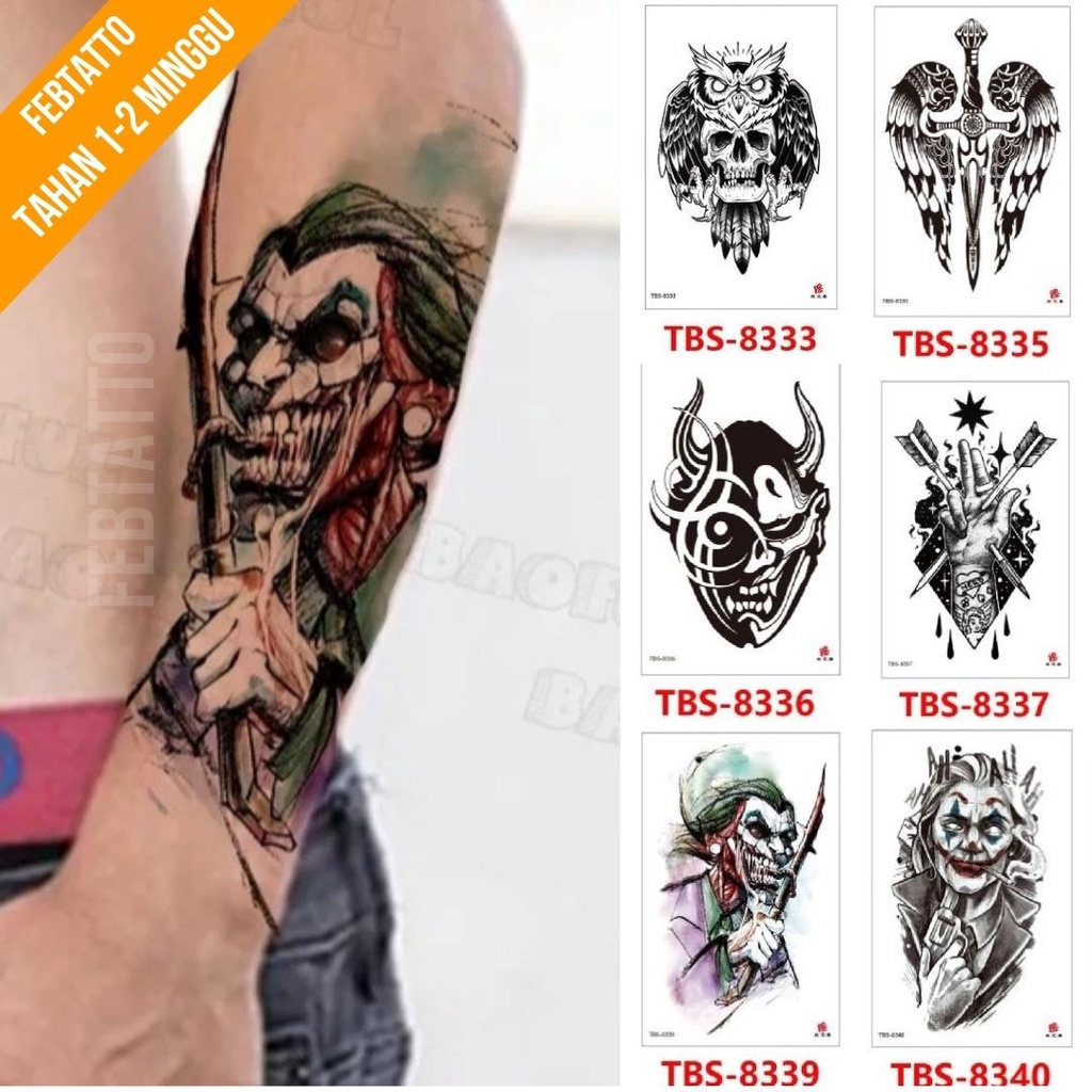 Tato Temporer Ukuran 12cmx19cm Motif Aesthetic Tatto Temporary Stiker Tato Halal Grosir Tato air motif burung hantu, sayap, tengkorak, tangan, joker TBS 8339