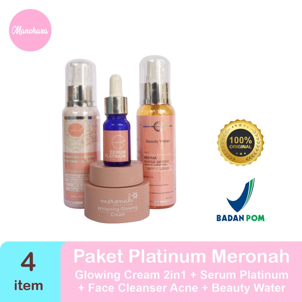 Paket Skincare Glowing MERONAH ORIGINAL Flek Hitam Krim 2in1 Siang Malam Serum Platinum ToneUP BPOM 