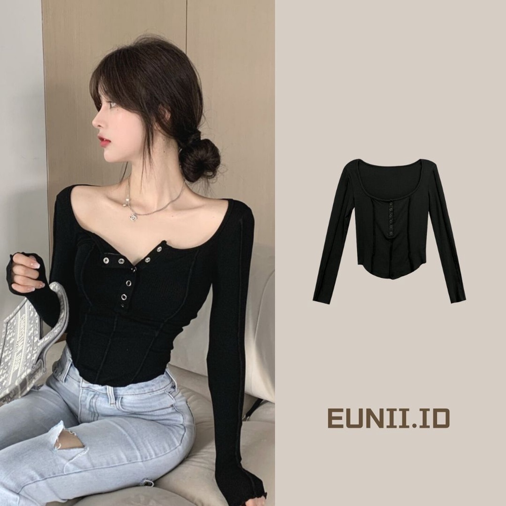 EUNII Korea Style Lengan Panjang Atasan Crop Top Desain Kancing Gaya Baju Atasan Wanita