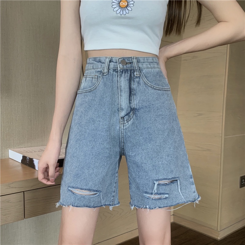 XiaoZhaiNv Celana Pendek Denim Sobek Wanita Korean Style Highwaist