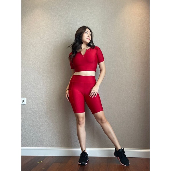 2 Pcs setelan senam aerobik zumba yoga gym fitness wanita model Crop resleting-Shortpant 3/4 model b