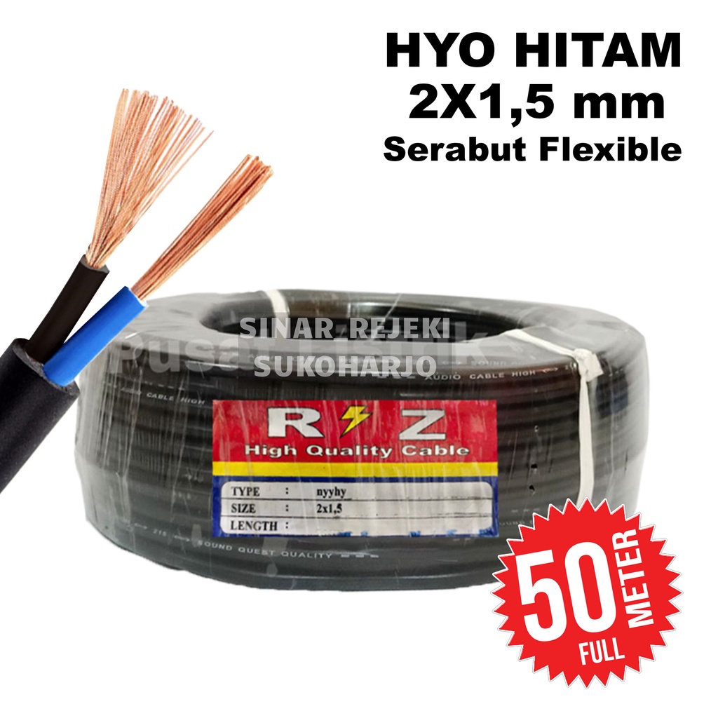 Kabel Listrik / Audio Serabut RZ 2x1,5 50 Meter - Kabel Las / Pompa / Speaker NYYHYO / HYO 2x1,5 Hitam Serabut NYYHY Hitam