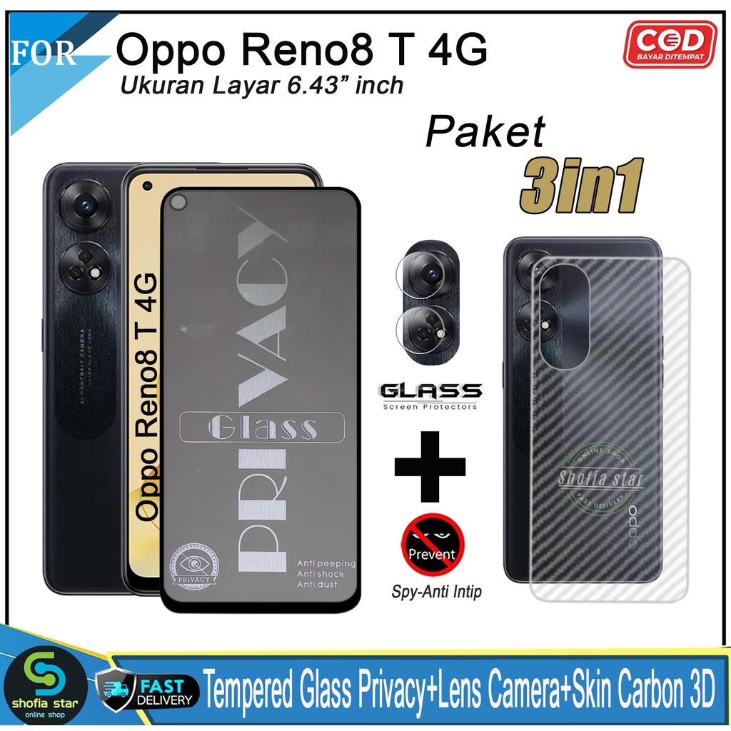 Promo 3in1 Tempered Glass Privacy Oppo Reno 8T 4G Anti Gores Anti Spy Full Layar