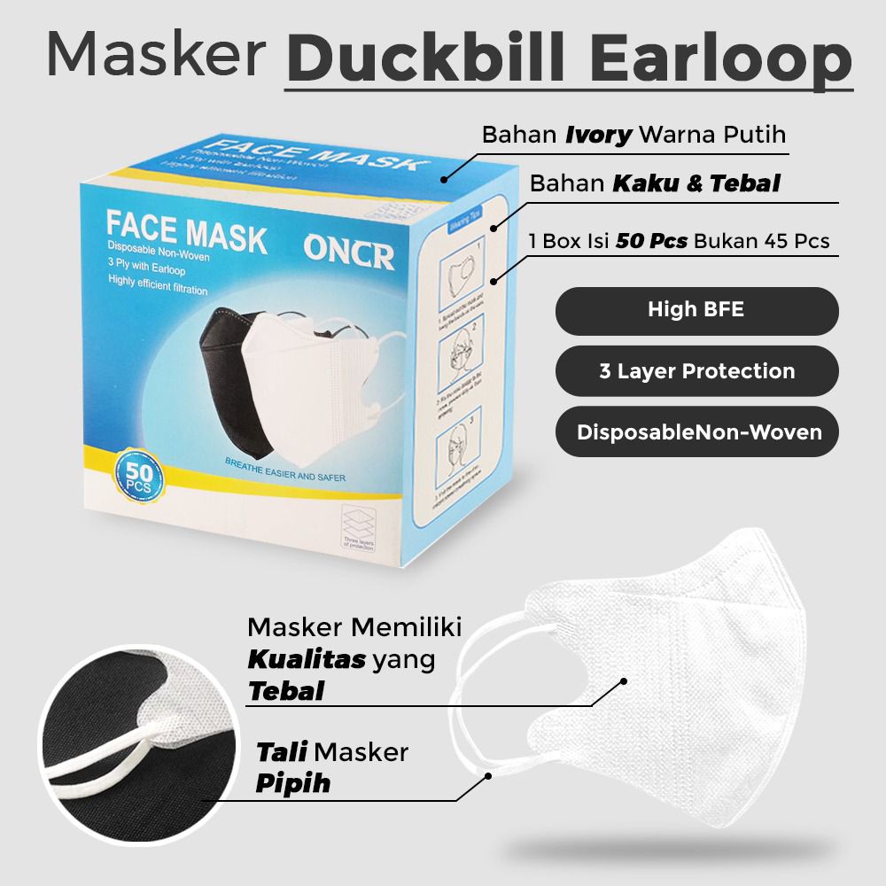 Masker Duckbill Murah Putih Hitam Tebal Box isi 50Pcs