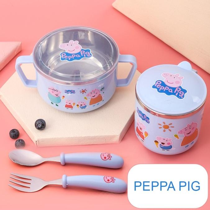 SET MAKAN MINUM MUG STAINLESS PEPPA PIG HELLO KITTY DORAEMON PREMIUM