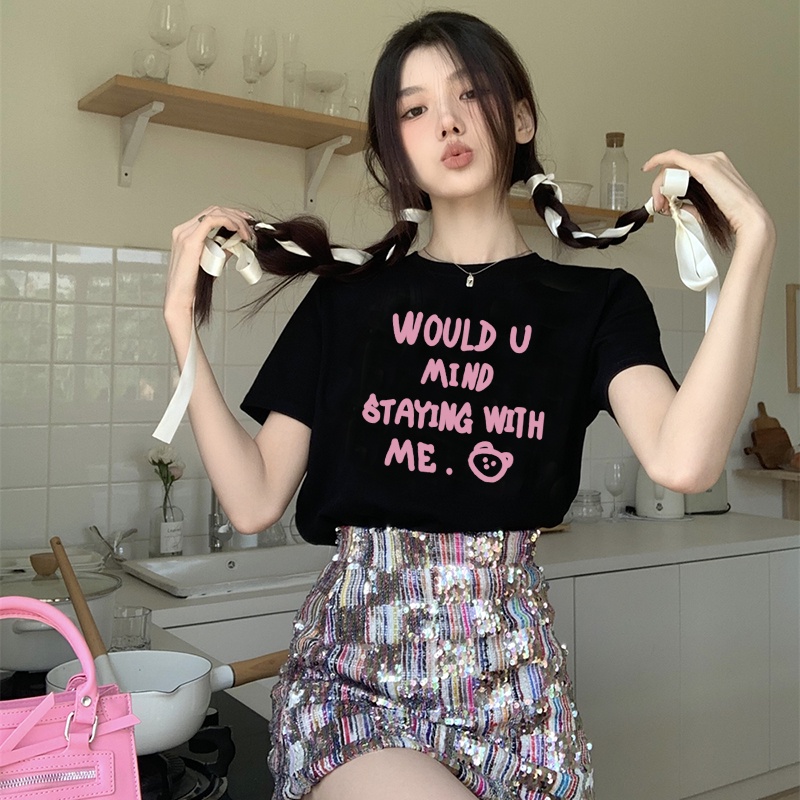 Print T-shirt Kaos Lengan Pendek Pink Pig English Baju Wanita Korean Style