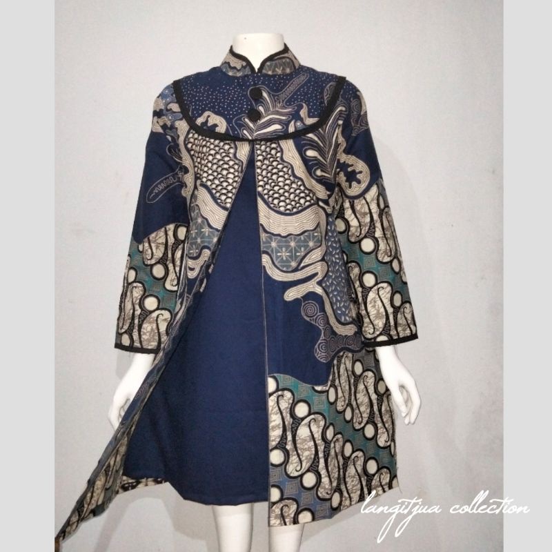 SARIMBIT BAJU BATIK MOTIF ABSTRAK PARANG-OMBAK NAVY | COUPLE BAJU BATIK KEMEJA DAN TUNIK