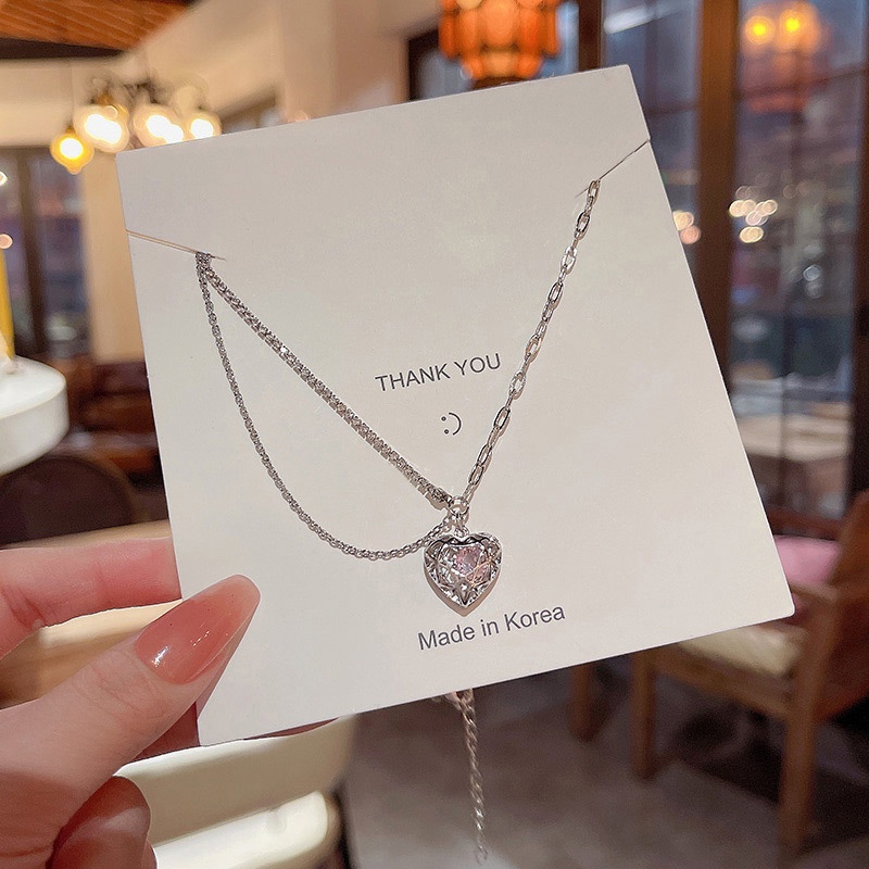 Gaya Baru Fashion Reticulated Pink Zirkon Jantung Kalung Lucu Wanita Perhiasan