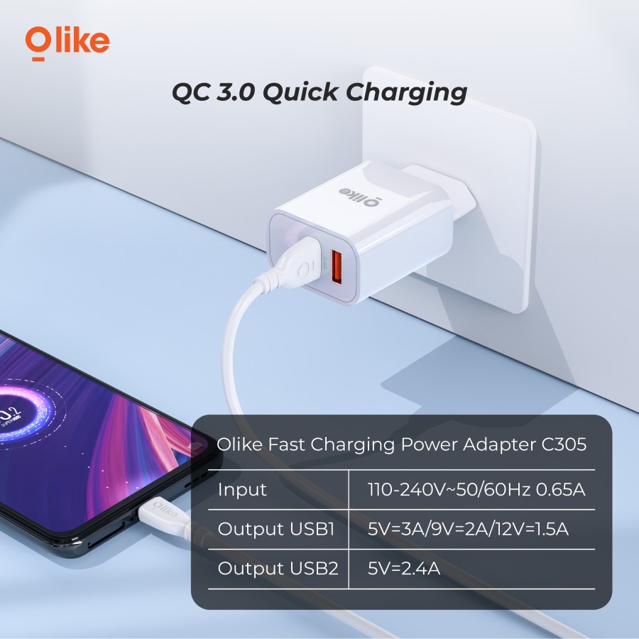 OLIKE Kepala Charger Dual USB Adapter FAST QUICK Charger 3.0 27W C305