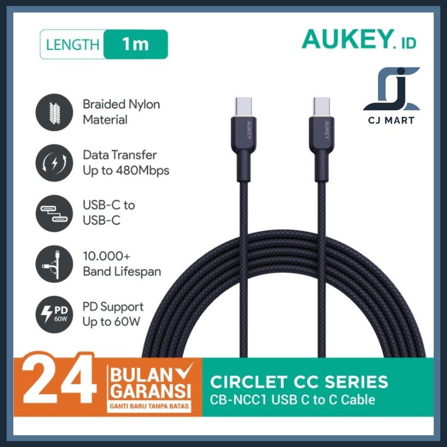 Kabel Charger Aukey CB-NCC1 USB C to C 3A Braided Nylon 1M - 501670