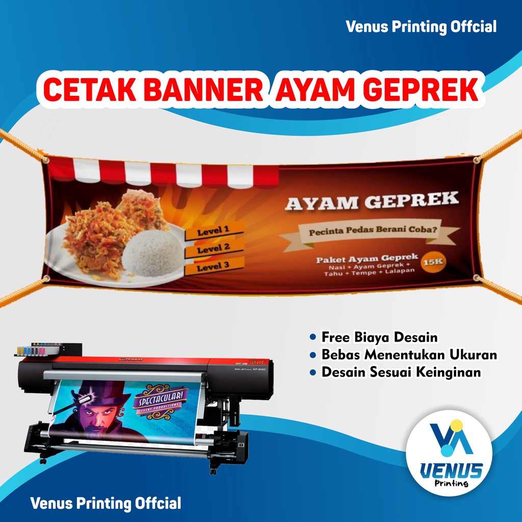 Banner Ayam Geprek Chicken, Spanduk Warung Ayam Geprek, MMT Ayam Geprek Custom Desain, Custom Ukuran