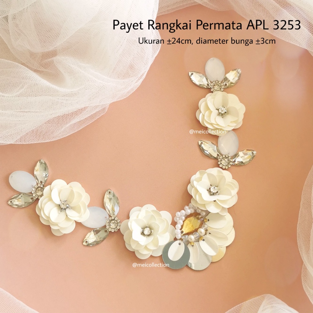 payet rangkai leher putih off white ivory silver APL 3253 bunga 3d