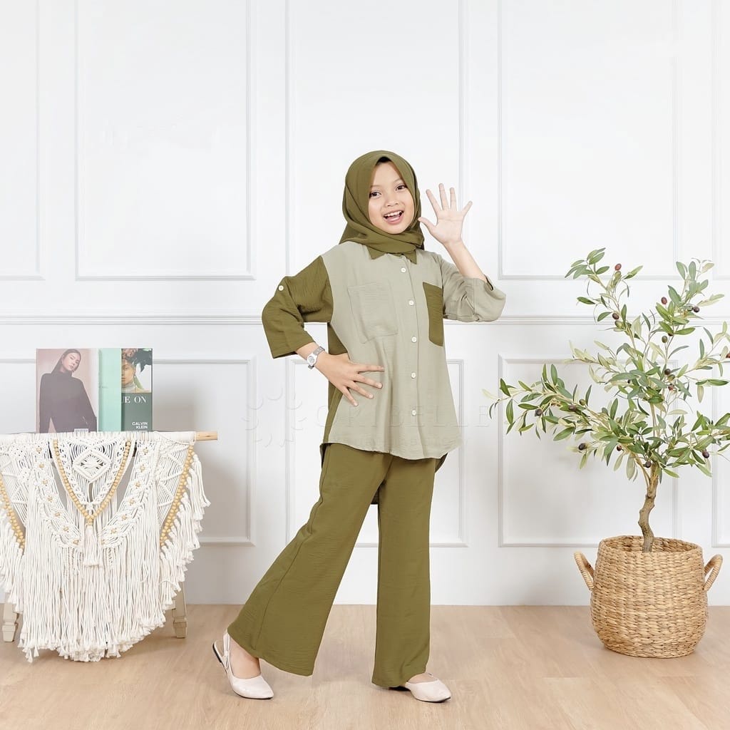 Setelan Anak Perempuan 10-12 Tahun Alexa Set Sage Olive Plus Hijab Baju Setelan Anak Celana Panjang Keika Oribelle One Set Crinkle