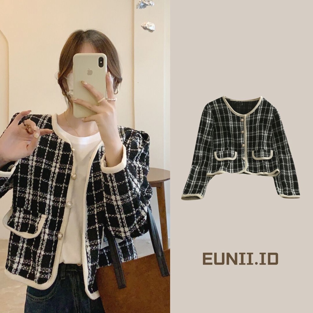 EUNII Korean Style Jaket Wanita Terbaru Lengan Panjang Kotak-kotak Mantel Pendek