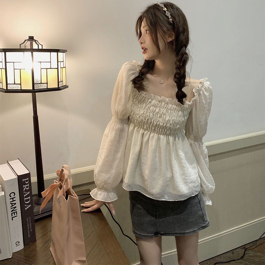 Red Satu bahu tipis dan manis kemeja sifon pengurangan usia wanita kemeja boneka eksplosif 2022 musim semi dan musim panas baru yang chic kemeja kecil peri super