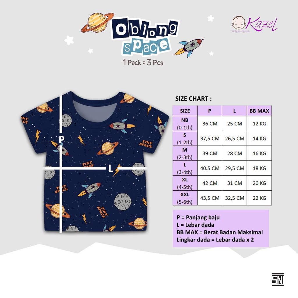 3pcs KAZEL TSHIRT OBLONG TIPIS SPACE 0-6 TAHUN KAOS OBLONG TIPIS / ATASAN SEHARI HARI ANAK LAKI-LAKI