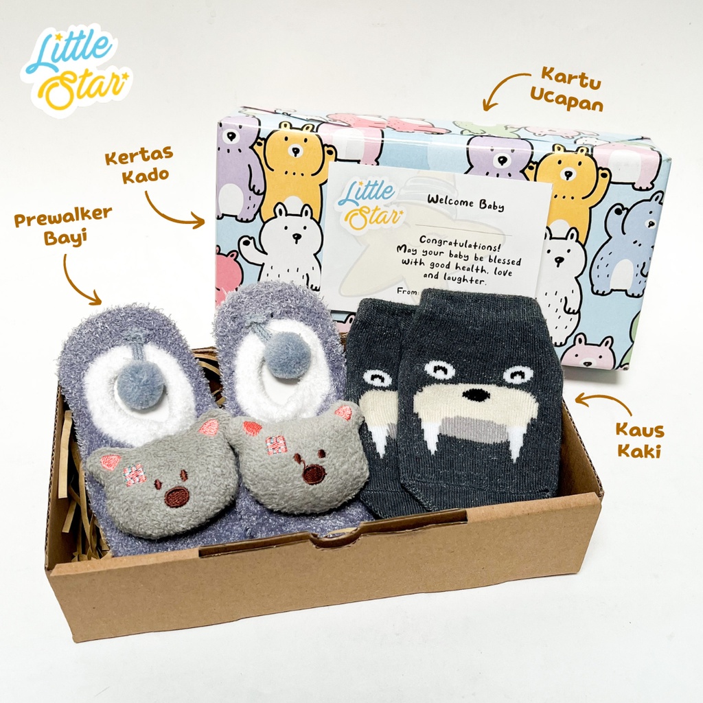 2in1 Gift Set Baby Hampers Sepatu Kaos Kaki Bayi Karet Prewalker 3D Timbul Bulu Halus
