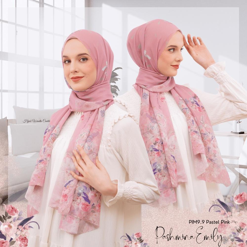 Hijabwanitacantik - Pashmina Emily Series PIM9.9 Pastel Pink Hijab printing premium motif bunga