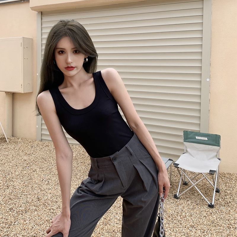 Red All-Match Warna Solid Tanpa Lengan Rompi Kamisol Wanita Musim Panas Gaun Gadis Seksi Ramping Elastis Anti-Selip pakaian Atas