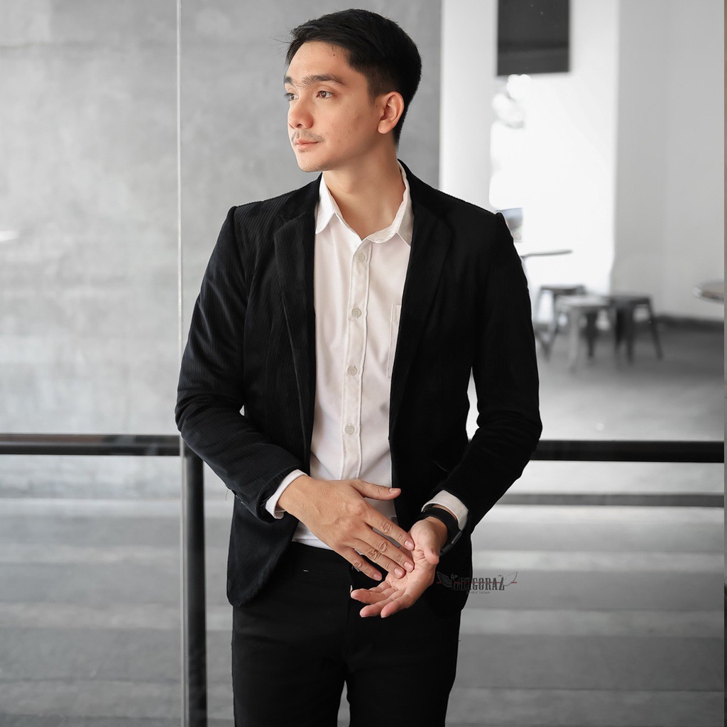 jas blazer pria slimfit coklat teracotta dan hitam original corduroy garis kecil