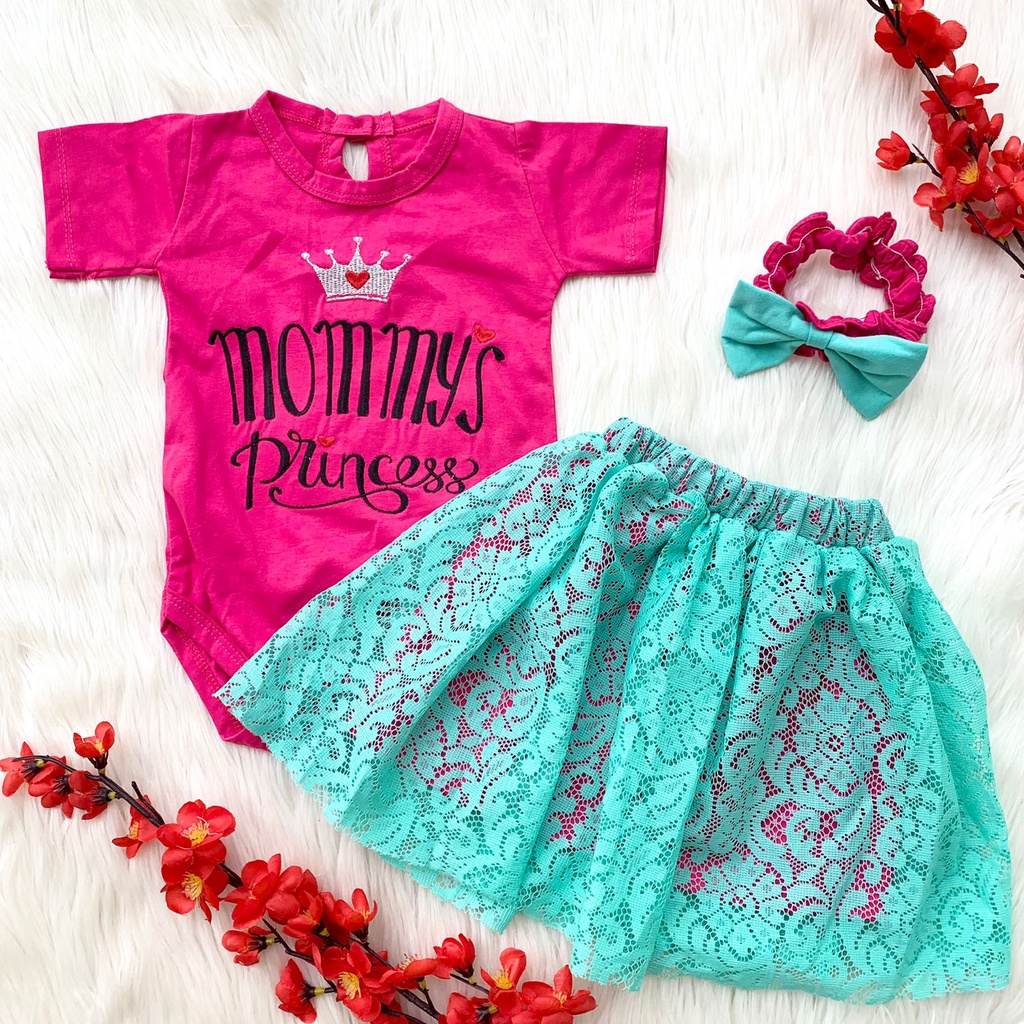 Baju setelan jumper rok brukat bandana cantik bestseller fashion anak bayi cewek perempuan murah -mom