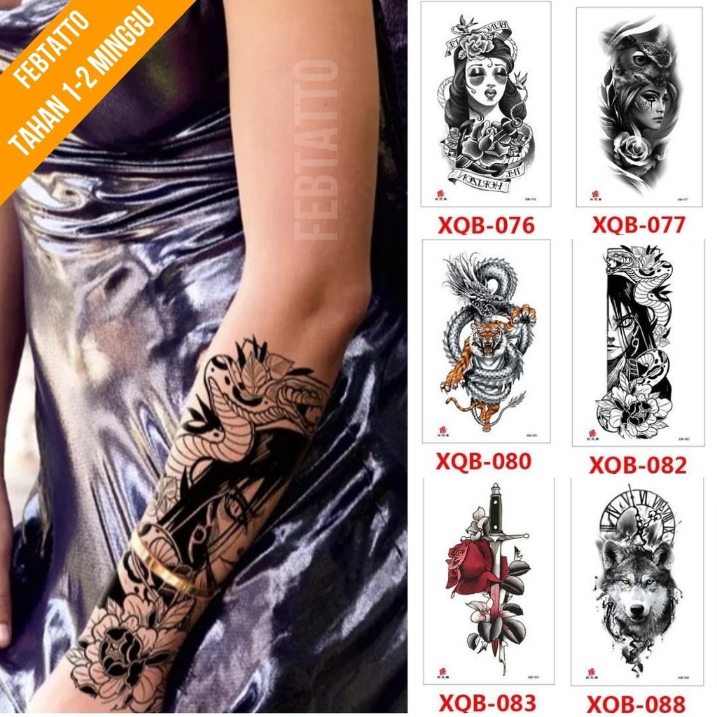 Tato Temporer Ukuran 21cmx11cm Motif Aesthetic Tatto Temporary Stiker Tato Halal Grosir Tato air motif perempuan, bunga, burung hantu, naga, harimau, ular, serigala, pedang XQB 082