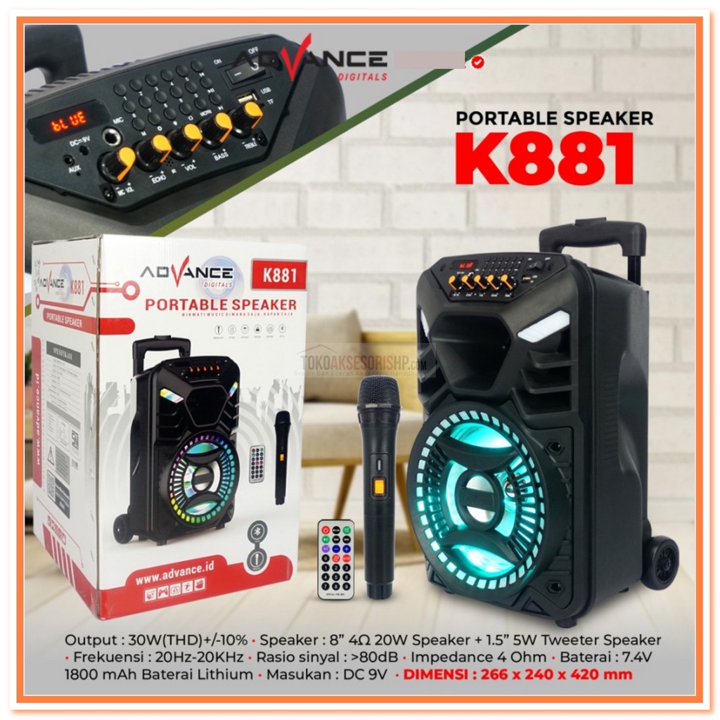 SPEAKER PORTABLE ADVANCE K881 8INC / SPEAKER BLUETOOTH PLUS MIC WIRELESS - K881N