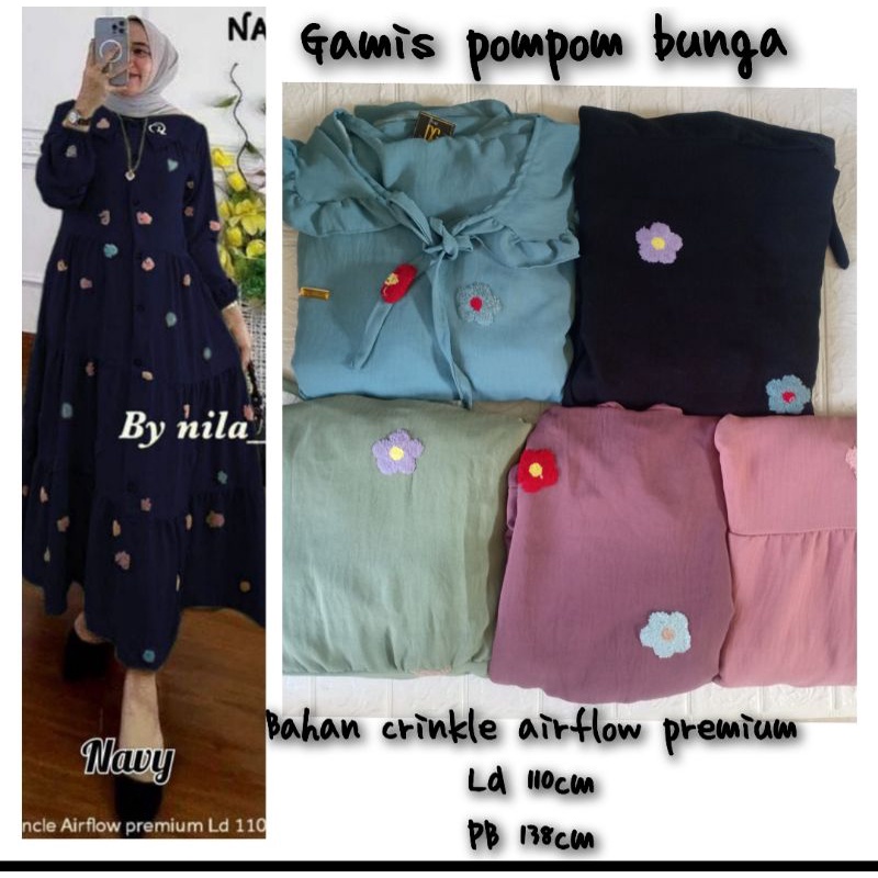 Gamis pompom bunga crinkle airflow premium