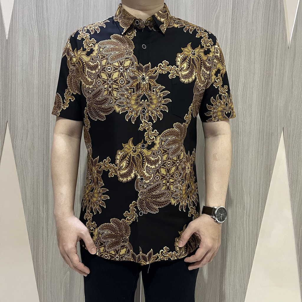 [GRIDLINE - S276 Peanut Black] Kemeja Batik Pria Katun Lengan Pendek Slimfit Keren Modern Elegant