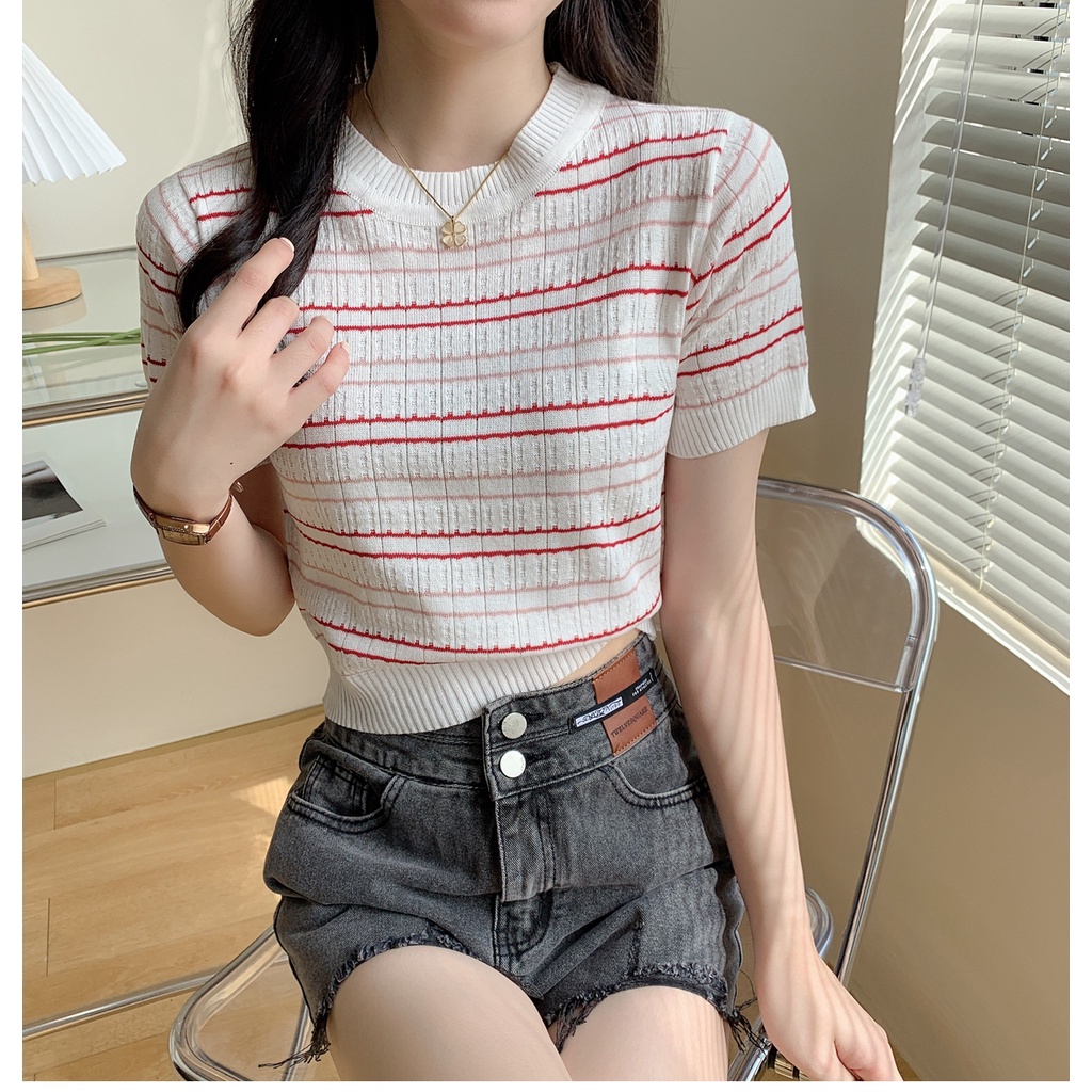 EUNII Korean Style Kaos Rajut Putih T-shirt Lengan Pendek Wanita Knit Baju Atasan