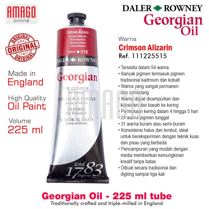 

Kolio Daler-Rowney - Georgian Oil Paint 225 Ml - Crimson Alizarin -111225515