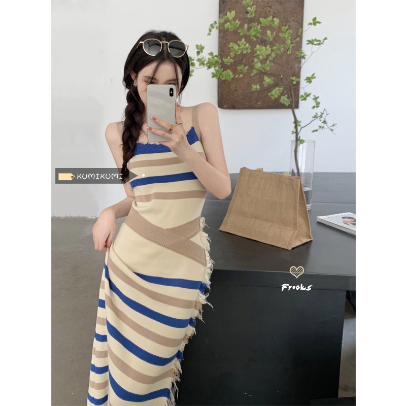 Red French retro striped rajutan suspender gaun musim panas wanita tas pinggang rok pinggul ceruk temperamen celah rok panjang