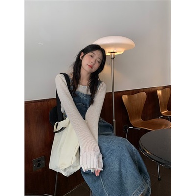 Red Kumikumi biru retro old denim suspender rok wanita musim gugur longgar all-match dress mid-length rok