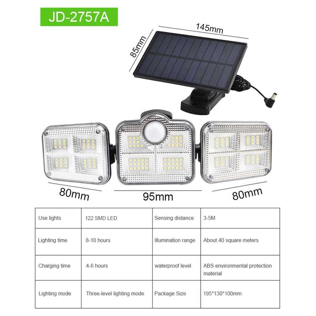 Lampu Dinding Solar Double Sensor Three Head 122 LED Cool White - JD-2757A - Black