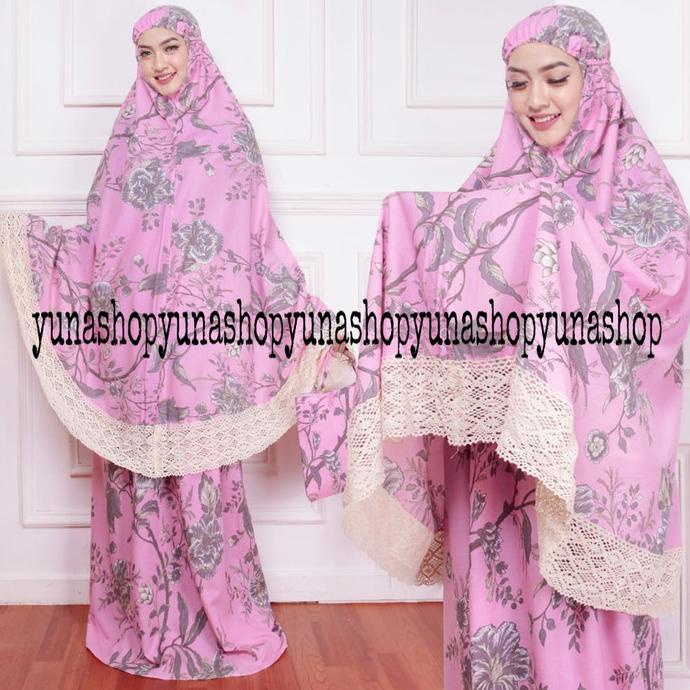 perlengkapm sholat mukena dewasa katun jepang renda floren crem renda