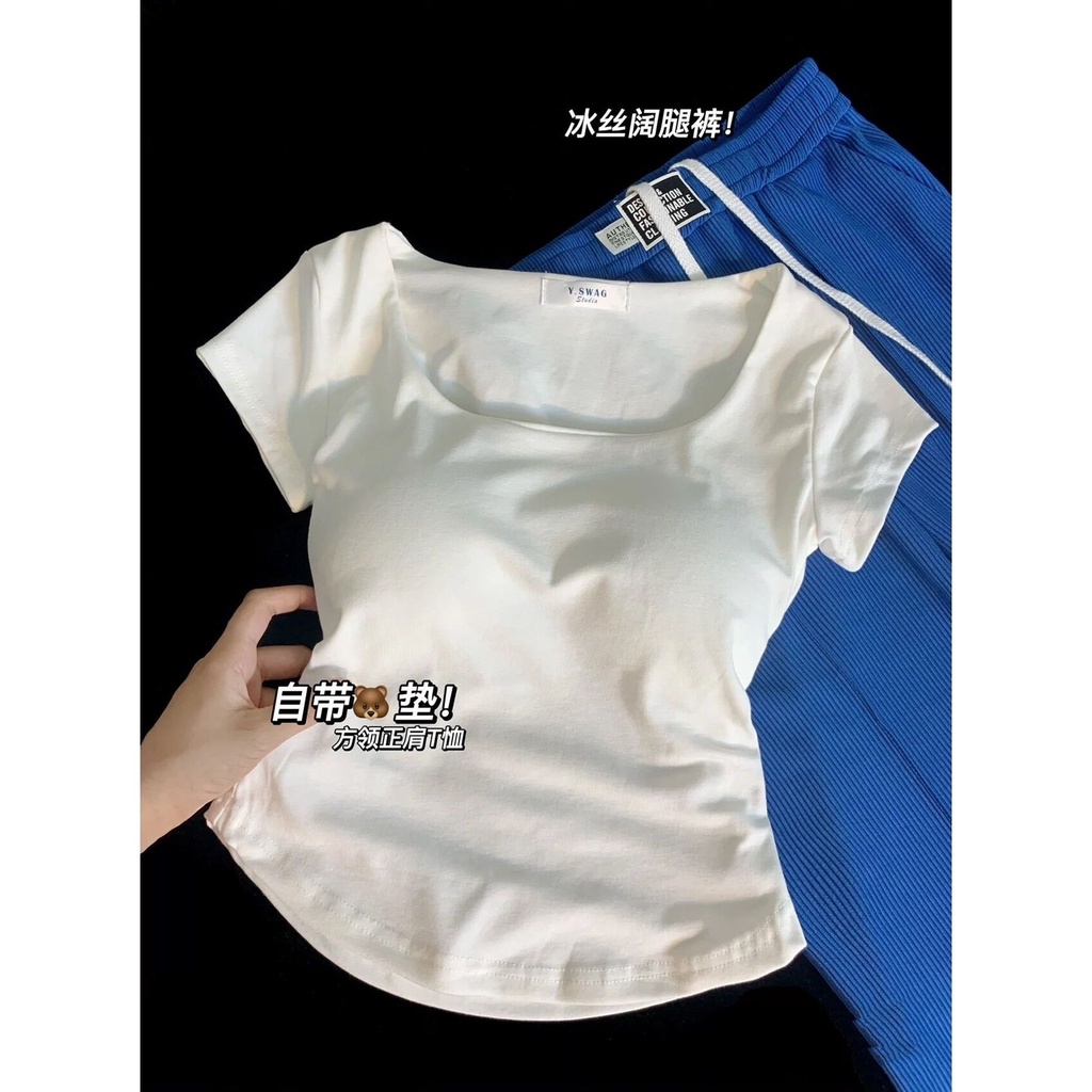 Red [A to D Scheming T-shirt] Lengan Pendek T-shirt Wanita Sense Big U Top Slim Fit Pure Desir Kerah Persegi pendek Kecil Kemeja Musim Panas