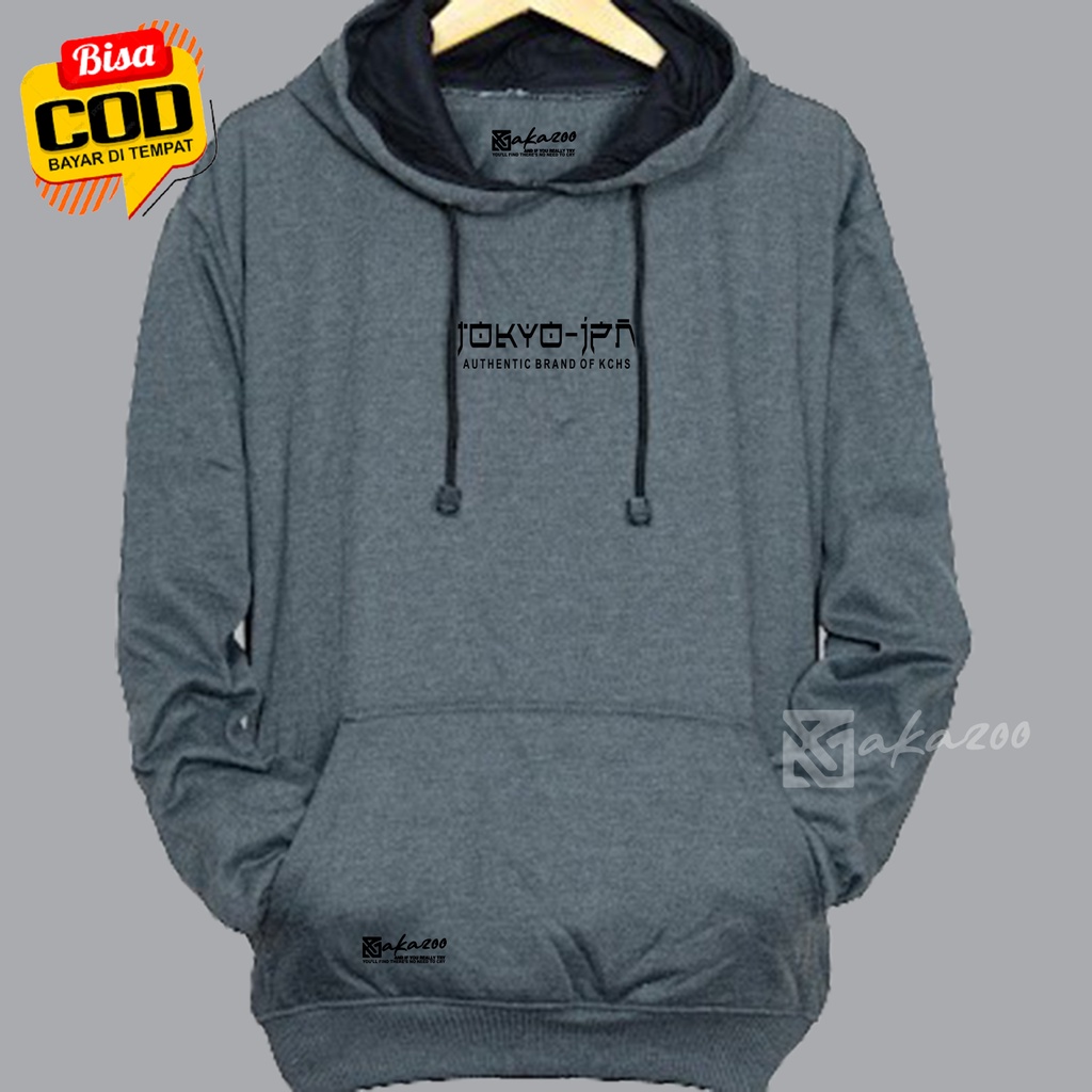 hoodie pria distro original brand tebal AKAZOO warna abu tua TOKYO -JPN authentic brand of kchs tulisan hitam switer cowok hoodie distro tokyo sweater oversize pria premium jamper perempuan jumbo hodie wanita tebal korea style unisex m l xl xxl premium