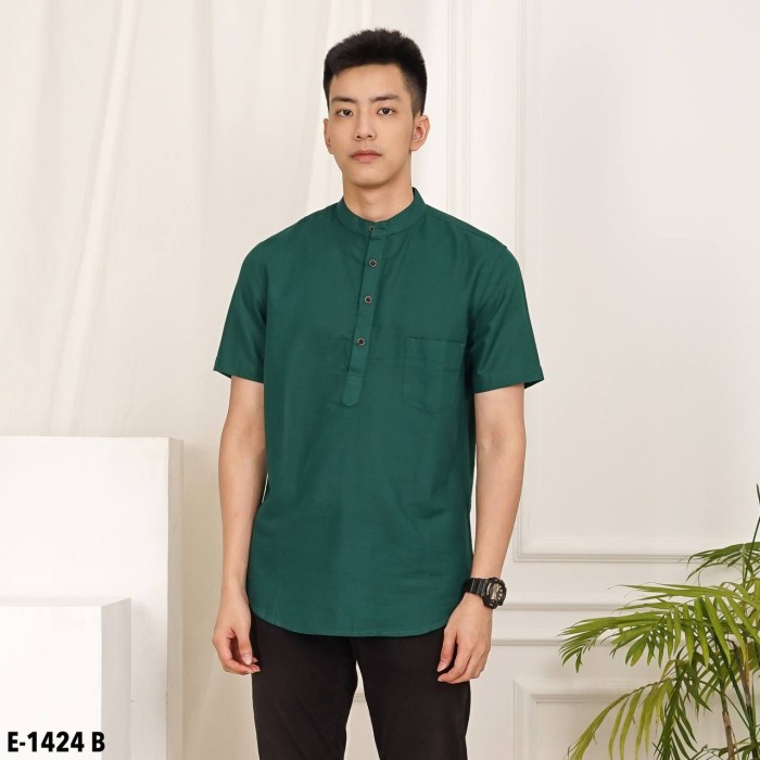 Kemeja Baju Koko Hijau Botol Pria Lengan Pendek Kemeja Shanghai Slimfit Cowok - M koko slimfit jumbo
