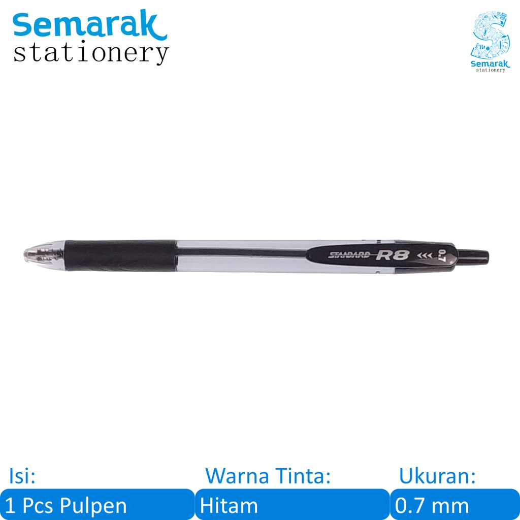 

Standard R8 Retractable Ballpoint Pen Pulpen Cetek Oil Gel Grip Karet 0.7 - Hitam