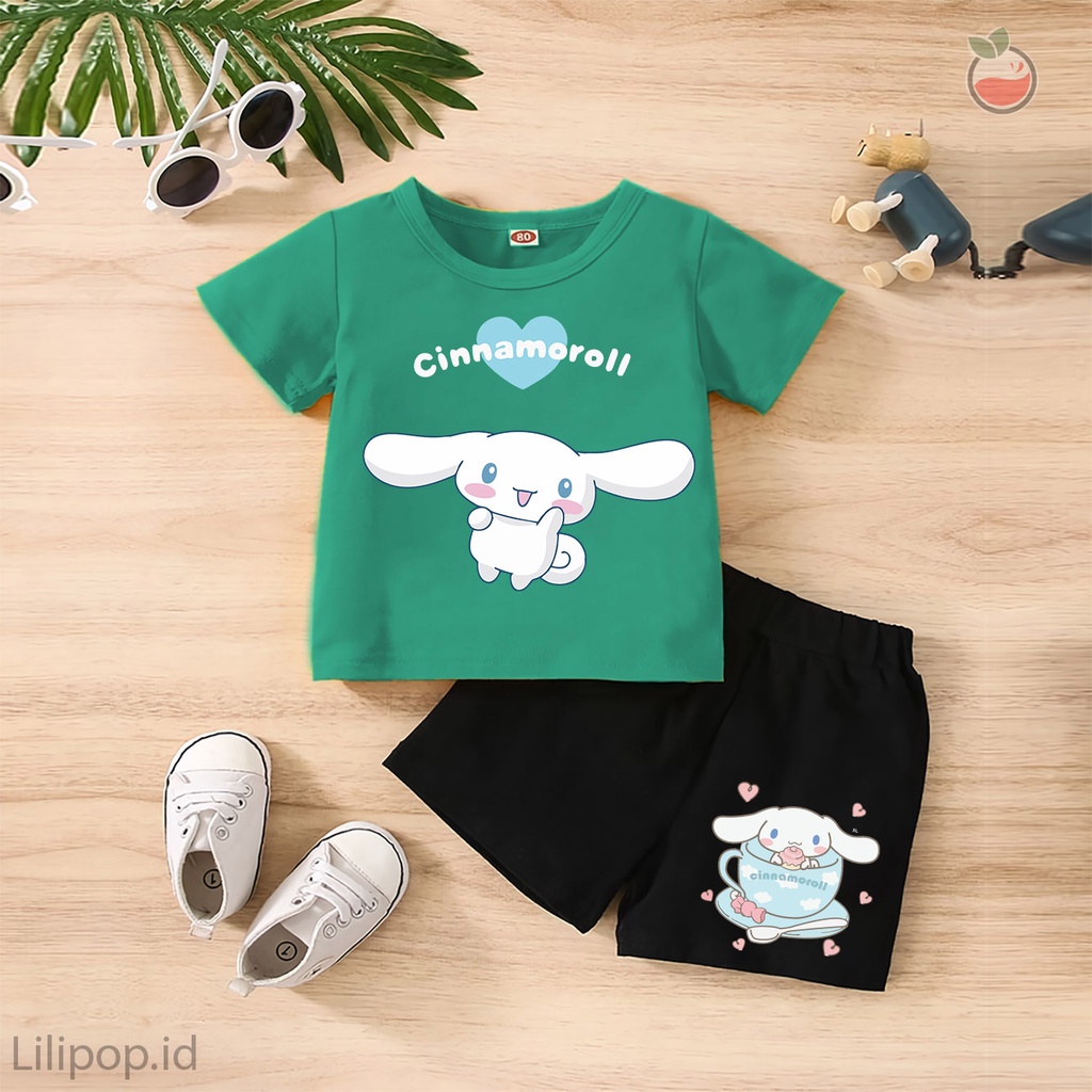 Baju Anak Stelan Kaos 3/4  CINNAMOROLL Cowok Cewek  Usia 1 - 4 Tahun Celana Pendek Harian