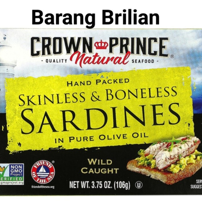 

CROWN PRINCE NATURAL SKINLESS & BONELESS SARDINES IN OLIVE OIL 106 GR