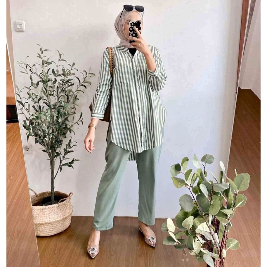 ONE SET SALUR SETELAN KERJA WANDA WANITA SHAKILA TWILL PREMIUM FULL KANCING KERAH SYANGHAI